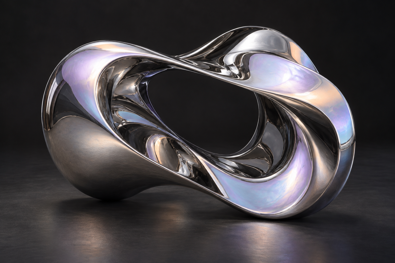 A fluid, folded chrome sculpture reflecting pearl, lilac, and pale blue light against a dark background.